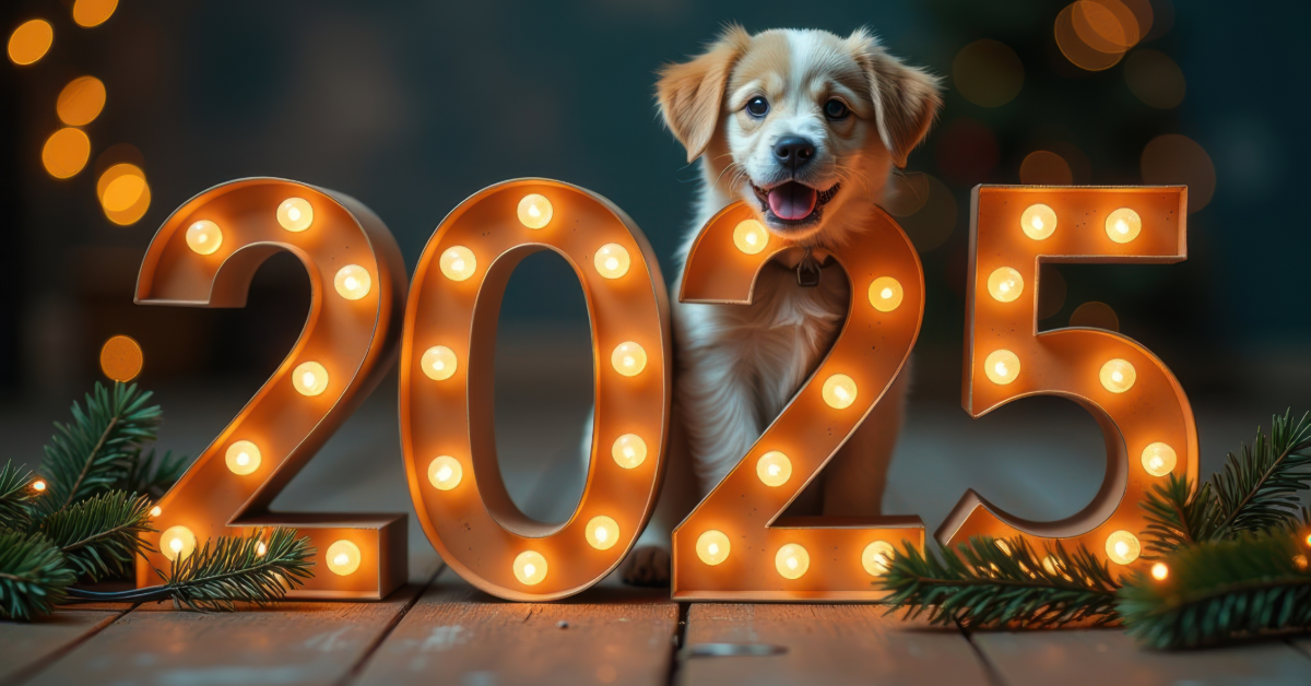 A cheerful puppy with light brown and white fur sits behind illuminated marquee numbers forming "2025." The numbers are adorned with warm glowing lights, and the setting is festive, featuring blurred golden lights and evergreen branches in the foreground. The scene evokes a celebratory and hopeful atmosphere for the new year.