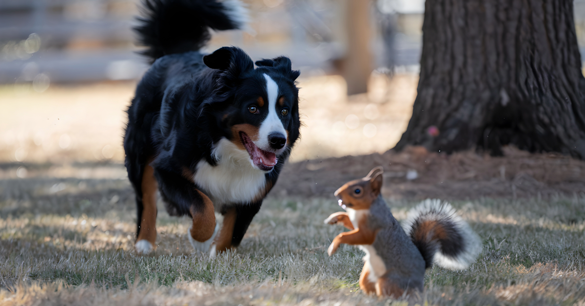 A Bernese Mountain Dog excitedly chasing a startled squirrel on a grassy field, illustrating the difficulty of staying focused around distractions.