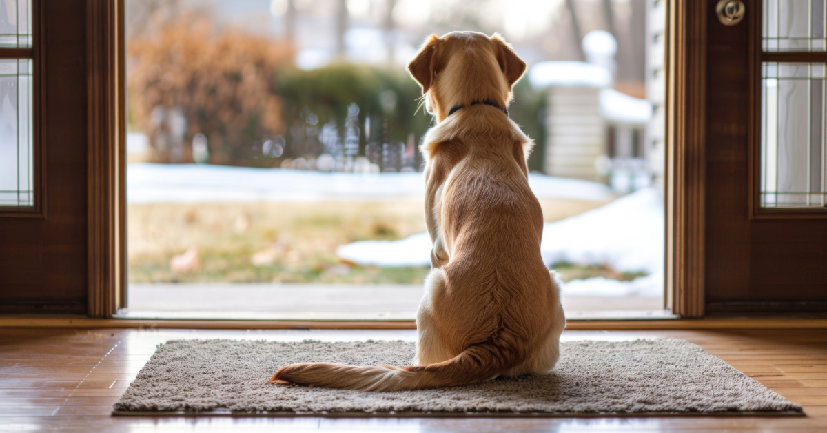Golden retriever sitting calmly on a rug inside an open doorway, demonstrating the "wait" command as part of boundary training with a snowy yard in the background.